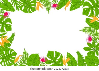 Horizontal Frame from tropical leaves, palms, plants, flowers, monstera. Botanical exotic plants elements. Vector illustration isolated on white background.