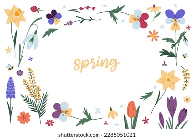 Horizontal frame with various spring flowers and space for text. Floral background, cartoon style. Trendy modern vector illustration isolated on white, hand drawn, flat design.