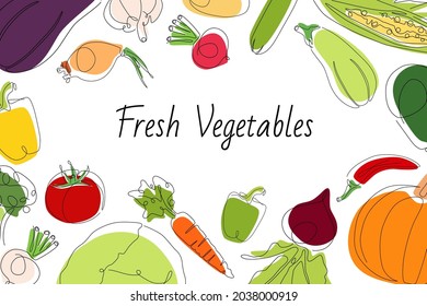 Horizontal frame vegetables around circle with lettering. Vegetables one line art with shapes. Vector design for organic and natural food stores, packaging, and advertising.