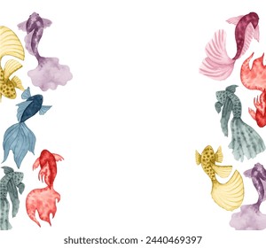 Horizontal frame of watercolor fish.Hand illustration.Simple, stylized style. Solid color sea animals. Underwater world of marine wildlife.Ocean and sea.Vector.