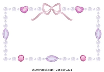 Quadro horizontal com pérolas brancas, joias rosa e violeta e um arco de cetim pastel. Elemento decorativo para design, banner, moldura de foto, notas. Ilustração vetorial EPS 10