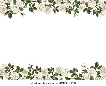 Horizontal frame with white roses. Vector floral decorative gift or wedding card.