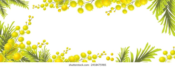 Horizontaler Rahmen mit gelbem Mimosa. Frühlingsreath der hellgelben Blumen. Hallo Frühling . Handzeichnung. Nicht AI,