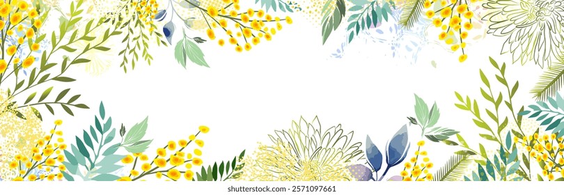 Horizontal frame with Yellow mimosa. Spring wreath of the brightest yellow flowers. Hello Spring . hand drawing. Not AI,