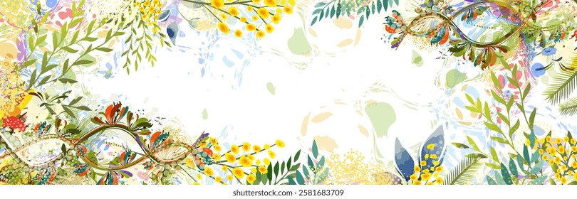 Horizontal frame with Yellow mimosa. Spring wreath of the brightest yellow flowers. Hello Spring . hand drawing. Not AI,