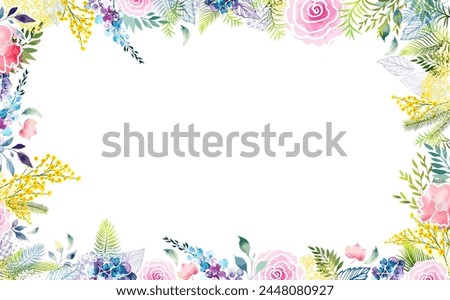 Horizontal frame with Yellow mimosa. Spring wreath of the brightest different colorful flowers. Hello Spring . hand drawing. Not AI