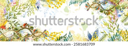 Horizontal frame with Yellow mimosa. Spring wreath of the brightest yellow flowers. Hello Spring . hand drawing. Not AI,