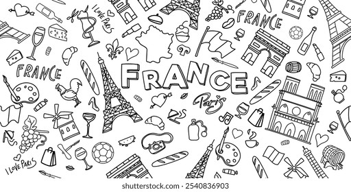 horizontal France doodles, clip art, cartoon decorative elements collection set icon. vector illustration