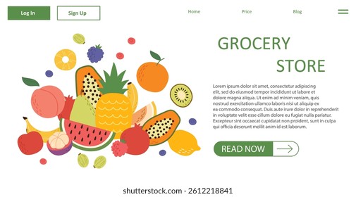 Horizontal fruit banner with flat minimal elements. Clean and modern template for web design or summer promotions.