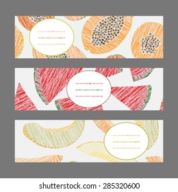 Horizontal Fruit Banner Set. Harvest ornaments. Scratched Papaya, Melon and Watermelon flyers. Simple design for invitation, postcard or poster. Fruit Illustration Set.