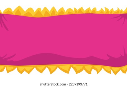 Horizontal and fuchsia fabric template decorated with yellow fringes in the borders. Design isolated over white background.