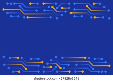 Horizontal futuristic circuit board frame with digital connections and electronic nodes. High technology background representing computing networks, data transfer and cyber systems