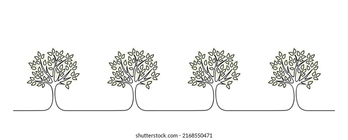 horizontal garden tree set, wall decoration pattern, black line vector illustration, hand drawn simple decoration element,