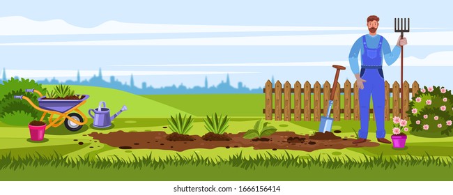 Horizontal gardening landscape with male worker, fence, city outline, soil, grass, wheelbarrow, seedling, pot. Bearded standing man holding rake near the ridge. Spring rural cartoon style background