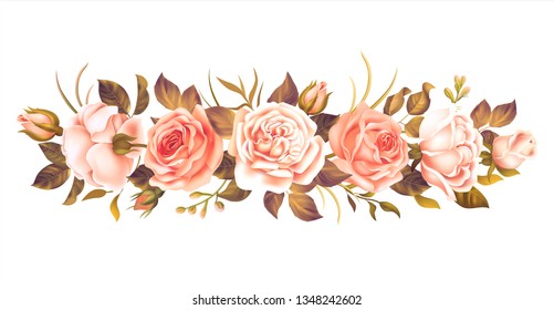 Horizontal garland with pink and white roses isolated on white. Vector illustration.