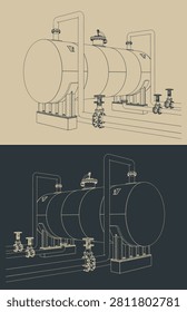 Horizontal gas oil separator stylized vector technical illustrations