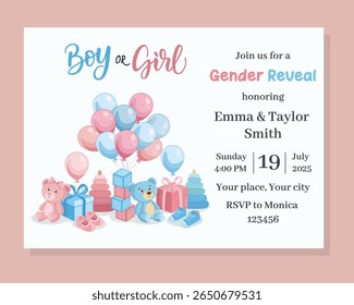 Horizontal gender reveal invitation template with pink and blue baby toys Cute flat design for boy or girl baby shower announcement