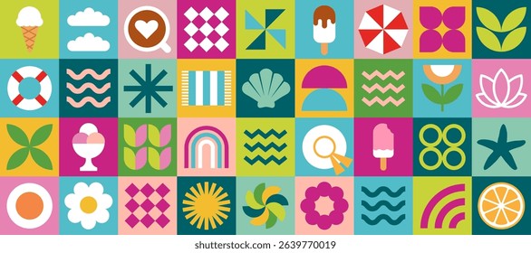 Horizontal geometric abstract summer colorful pattern of squares and icons, simple shapes with ice cream, sea, hat, starfish, limon, wave, shell, rainbow. Flat vector background in retro style EPS10