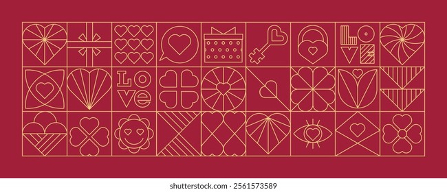 Horizontal geometric background VALENTINE'S DAY in line style. Minimalistic icons of hearts, flowers, word love. Editable golden stroke. Fashionable vector design forbanners, posters, postcards,