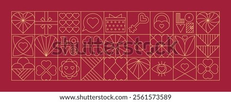 Horizontal geometric background VALENTINE'S DAY in line style. Minimalistic icons of hearts, flowers, word love. Editable golden stroke. Fashionable vector design forbanners, posters, postcards,