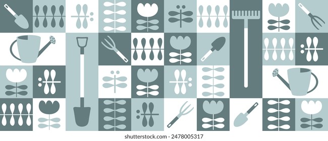 horizontal geometric banner with garden landscaping inventory and tulip flowers. Hand drawn vector checkered print. 