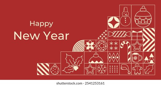 Fondo minimalista geométrico Horizontal con año Nuevo en estilo lineal. Plantilla de Navidades modernas. Iconos lineales blancos sobre fondo rojo. Perfecto para invitaciones, tarjetas, carteles, cubiertas.
