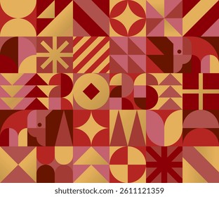 Horizontal geometric mosaic background with Chinese New year 2026 with horse. Numbers and different form made of abstract shapes in retro style. Red, yellow and gold seamless pattern. Vector EPS10