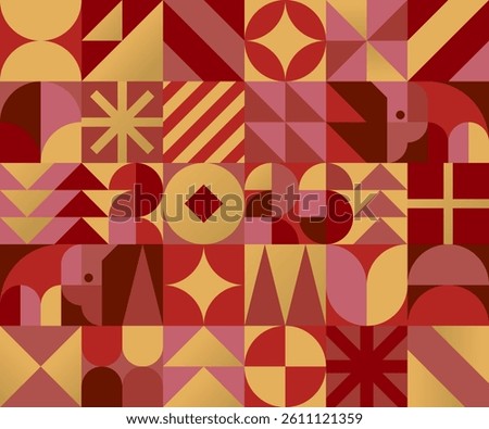 Horizontal geometric mosaic background with Chinese New year 2026 with horse. Numbers and different form made of abstract shapes in retro style. Red, yellow and gold seamless pattern. Vector EPS10