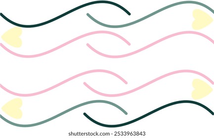 Horizontal geometric pattern of a combination of curved lines and pastel colored heart shapes on a white paper background. A minimalist and elegant image illustration for interior design and print. 