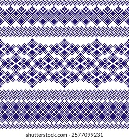 a horizontal geometric pattern in dark blue on a white background. It features repeating diamond and cross motifs arranged symmetrically in horizontal bands. Vector geometric ethnic pattern.