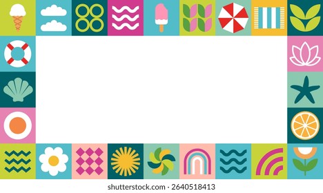 Horizontal geometric summer colorful frame of square blocks, icons with text box, simple shapes with ice cream, sea, hat, starfish, limon, shell, rainbow. Flat vector background in retro style