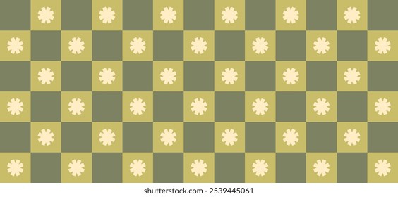Horizontal geometric vector minimal pattern with white flower, green simple geometric design. Trendy shape background for cover, craft, wrapping paper, gift wrap greeting card, poster and interior
