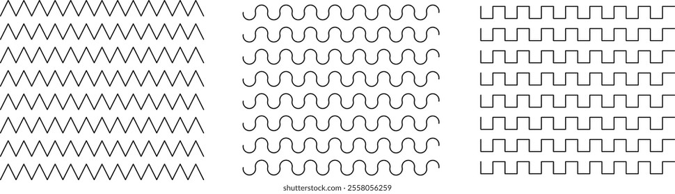 Horizontal Geometric Zig Zag Lines, Wave Lines, wavy patterns, squiggly horizontal curvy lines, vector Illustration