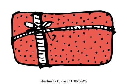 horizontal gift box with ribbon and bow, top view in red.  gift hand-drawn doodle style with dot pattern for holiday design templates . Vector drawing