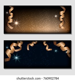 A horizontal gift brilliant festive design background in glitter and ribbons for an invitation, a voucher. Postcard for a Merry New Year and Merry Christmas. For a banner, flyer. Vector. Gold.