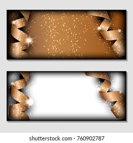 A horizontal gift brilliant festive design background in glitter and ribbons for an invitation, a voucher. Postcard for a Merry New Year and Merry Christmas. For a banner, flyer. Vector. Gold.
