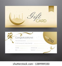 Horizontal gift card or banner set with silhouette mosque, crescent moon and discount offer for Islamic festival.