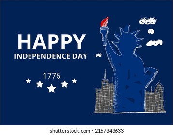 Horizontale Geschenkkartendesign-Vorlage.
America (USA) Independence Day. Die Freiheitsstatue. Vektorgrafik für T-Shirt-Druck, Textilien, Poster, 
Webbanner. Abstraktes, handgezeichnet digitales Kunstbild