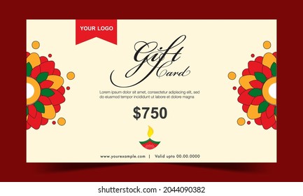 Horizontal Gift Card Template Design With Mandala Pattern In Pastel Yellow Color.