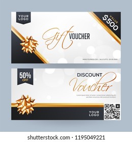 Horizontal gift coupon or voucher layout with best discount offer and glossy golden ribbon on blurred background.