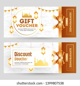 Layout horizontal do cupom de presente ou voucher em fundo branco e marrom para a celebração do Festival eid Mubarak.
