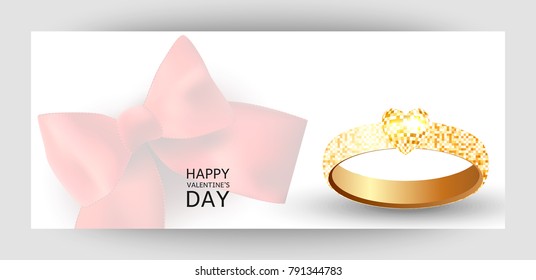 Horizontal gift design background with gold ring and heart. Invitation For Valentine's Day, Wedding. For a banner, postcards. flyer, label, certificate, company card. Vector.