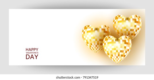 Horizontal gift design background with golden hearts. Invitation For Valentine's Day, Wedding. For a banner, postcards. flyer, label, certificate, company card. Vector.