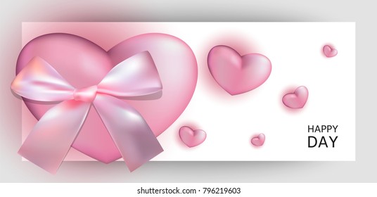 Horizontal gift design background with a pink heart and a bow. Invitation For Valentine's Day, Wedding, Birthday. For a banner, postcards. flyer, label, certificate, company card. Vector.