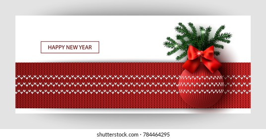 Horizontal gift design background red Knitted ball and bow for invitation, voucher. For a banner, postcards. flyer, label, certificate, company card. Merry New Year and Happy Christmas. Vector.