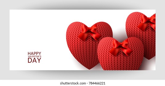 Horizontal gift design background with red knitted hearts. For Valentine's Day, Wedding, Birthday. For a banner, postcards. flyer, label, certificate, company card. Vector.