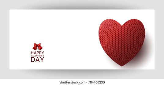 Horizontal gift design background with red knitted hearts. For Valentine's Day, Wedding, Birthday. For a banner, postcards. flyer, label, certificate, company card. Vector.