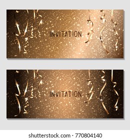 Horizontal gift gold design background with ribbons for invitation, voucher. For a banner, postcards. flyer, label, certificate, company card. Merry New Year and Happy Christmas. Vector.