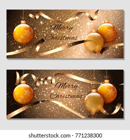Horizontal gift gold design background with ribbons and balls for invitation, voucher. For a banner, postcards. flyer, label, certificate, company card. Merry New Year and Happy Christmas. Vector.