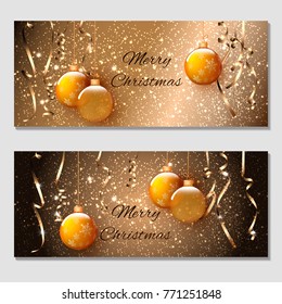 Horizontal gift gold design background with ribbons and balls for invitation, voucher. For a banner, postcards. flyer, label, certificate, company card. Merry New Year and Happy Christmas. Vector.
